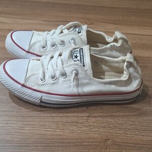 Converse Low-Top Canvas Sneakers in White with Red and Bue Trim